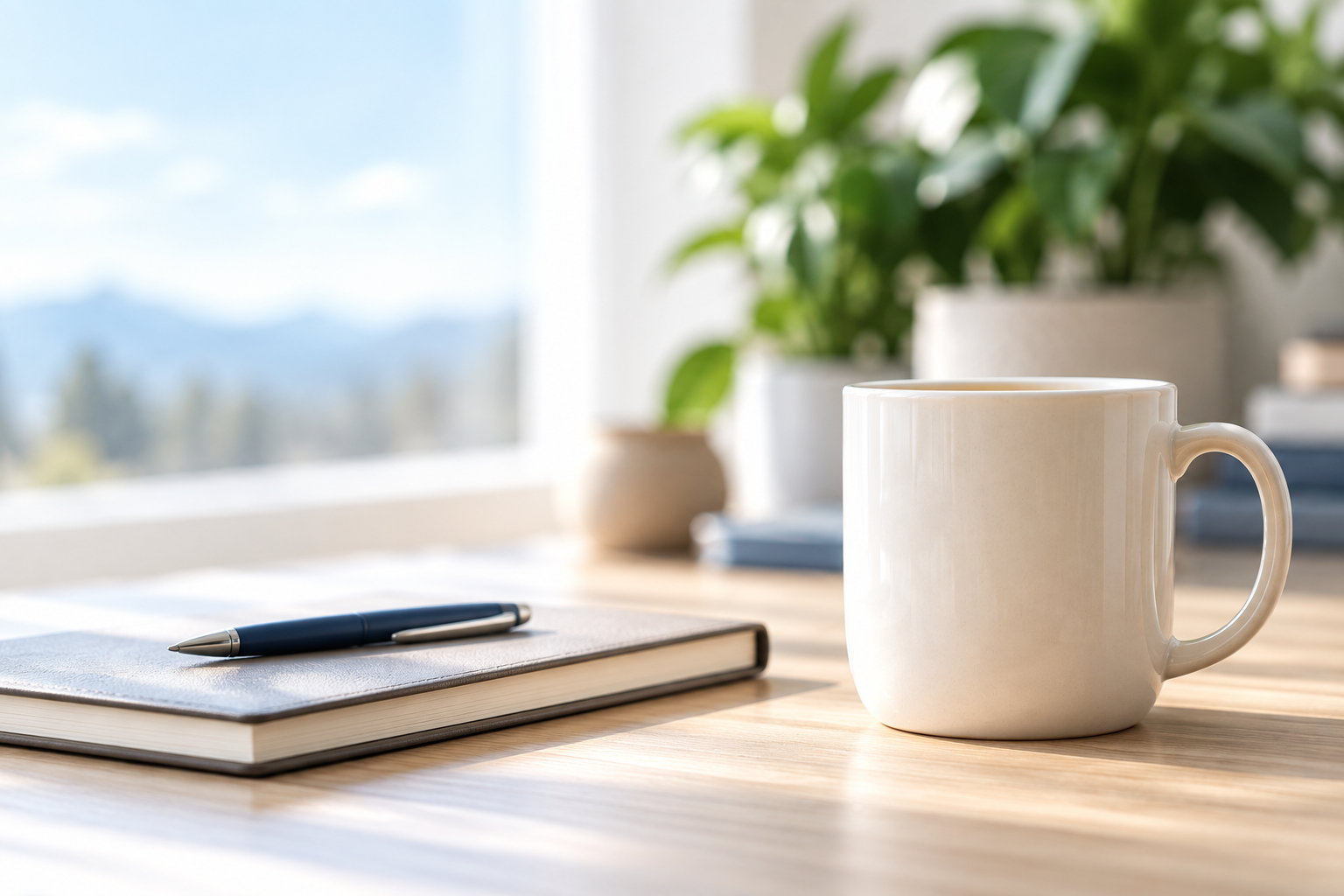 A quiet workspace with a notebook, ceramic mug and natural window light.
