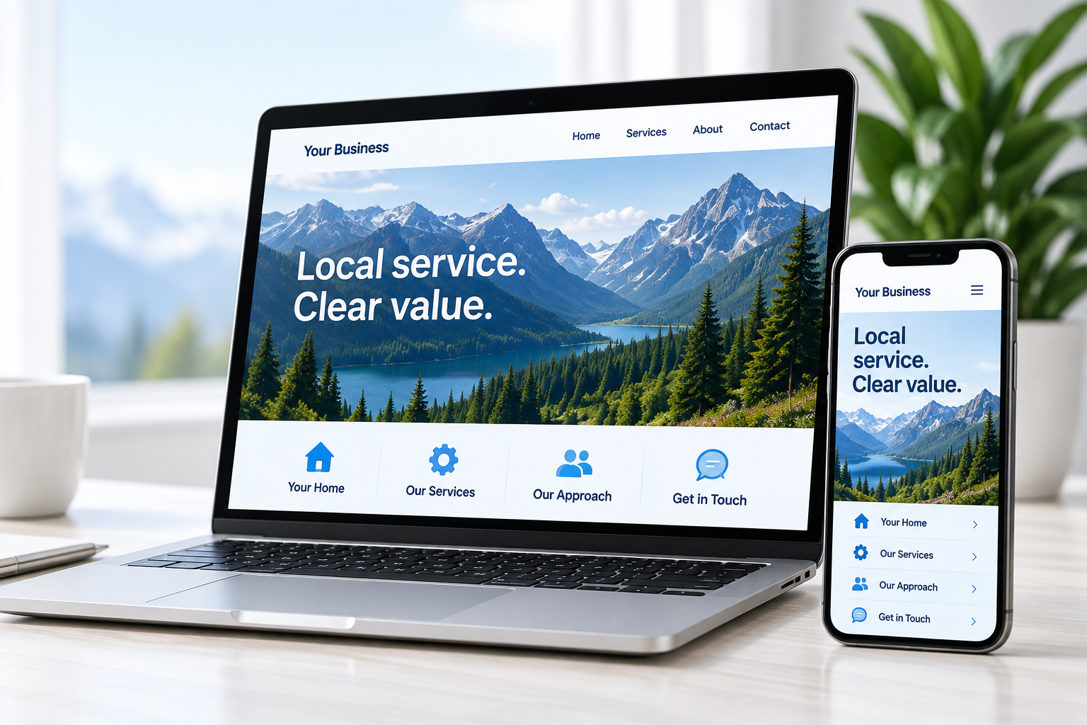 Laptop and phone displaying a coordinated local service website.